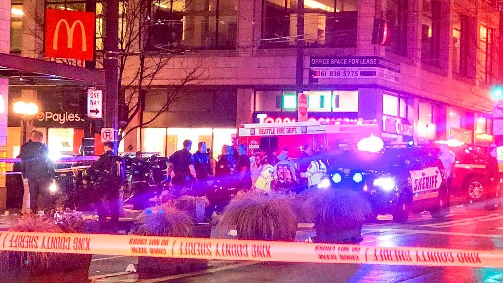 Police work the scene of a shooting on Third Avenue and Pine Street, Wednesday, 22 January  2020, in Seattle.&nbsp;