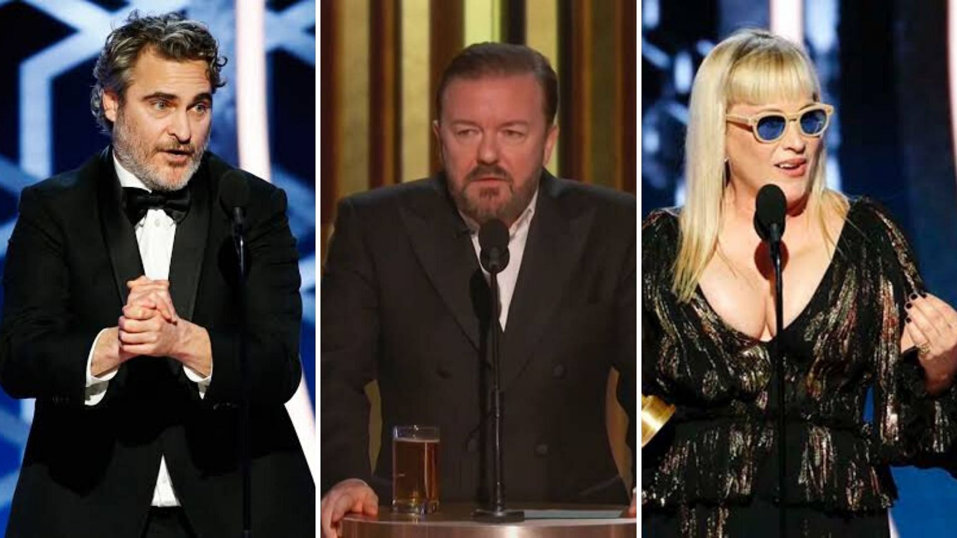 Joaquin Phoenix, Ricky Gervais and Patricia Arquette at Golden Globes 2020.&nbsp;
