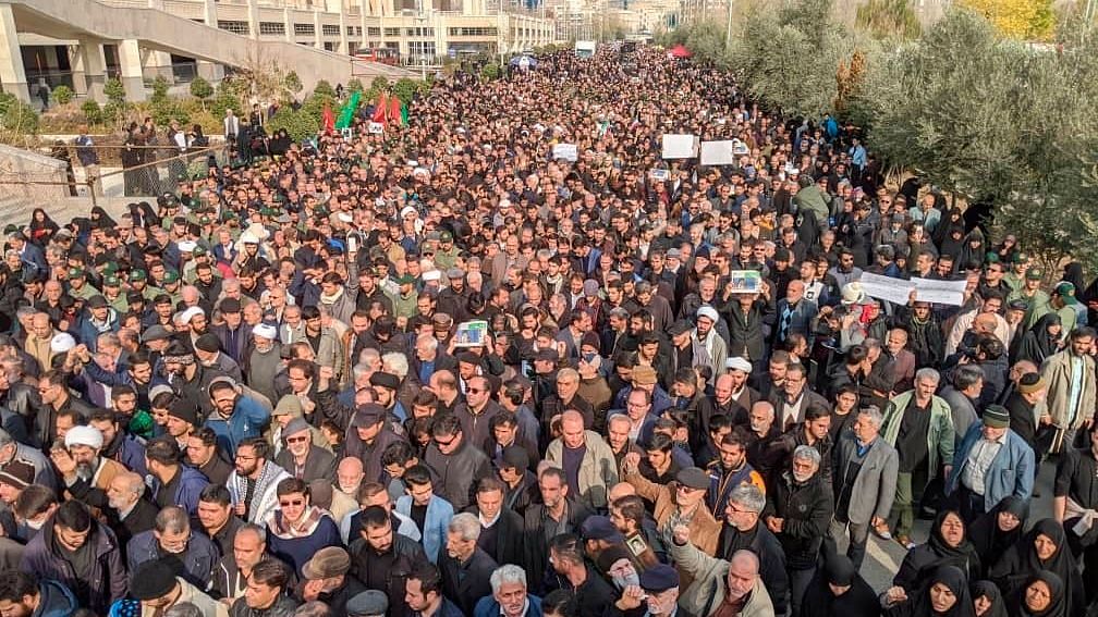 Protesters demonstrate over the US airstrike in Iraq that killed Iranian Revolutionary Guard Gen Qassem Soleimani in Tehran, Iran, on 3 January.
