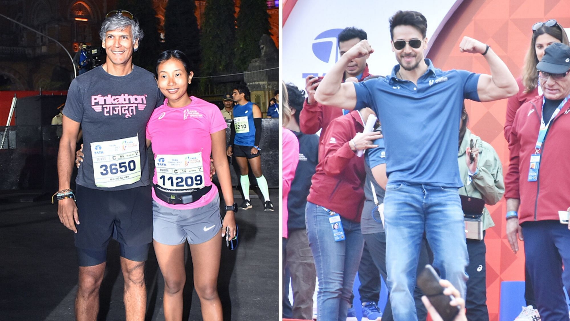 Milind Soman-Ankita Konwar run, while Tiger attends medal ceremony at Mumbai Marathon 2020.&nbsp;