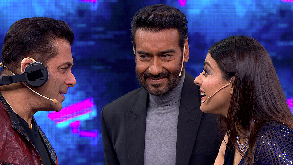 Salman Khan with Ajay Devgn and Kajol on <i>Bigg Boss 13.</i>