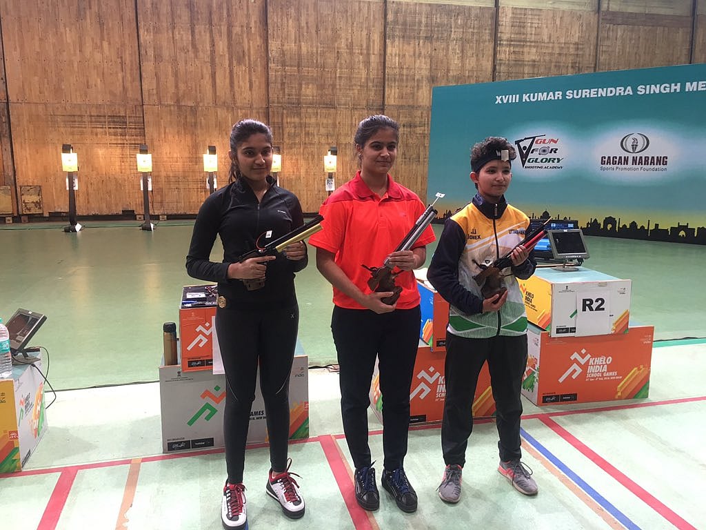 Manu Bhaker stands with fellow shooters after finishing first in the junior category of the KSS Memorial Tournament in August 2017.