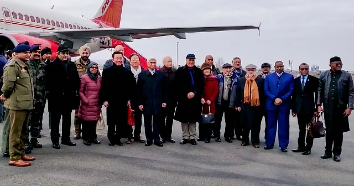 US envoy to India Kenneth I Juster and other diplomats from 15 countries on their arrival at the airport in Srinagar.