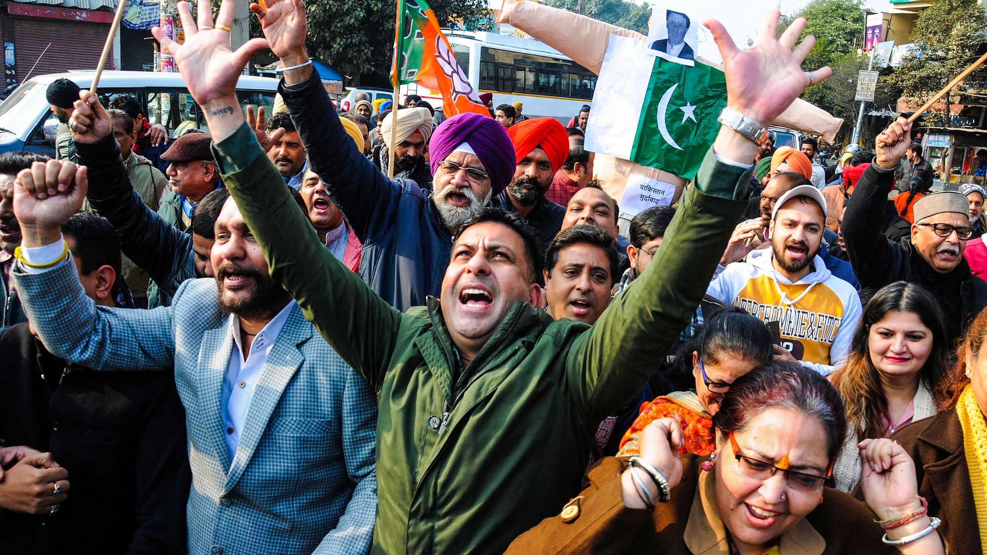 BJP workers shout slogans during a protest against Pakistan over alleged attack at on Pakistans Nankana Sahib Gurdwara.&nbsp;