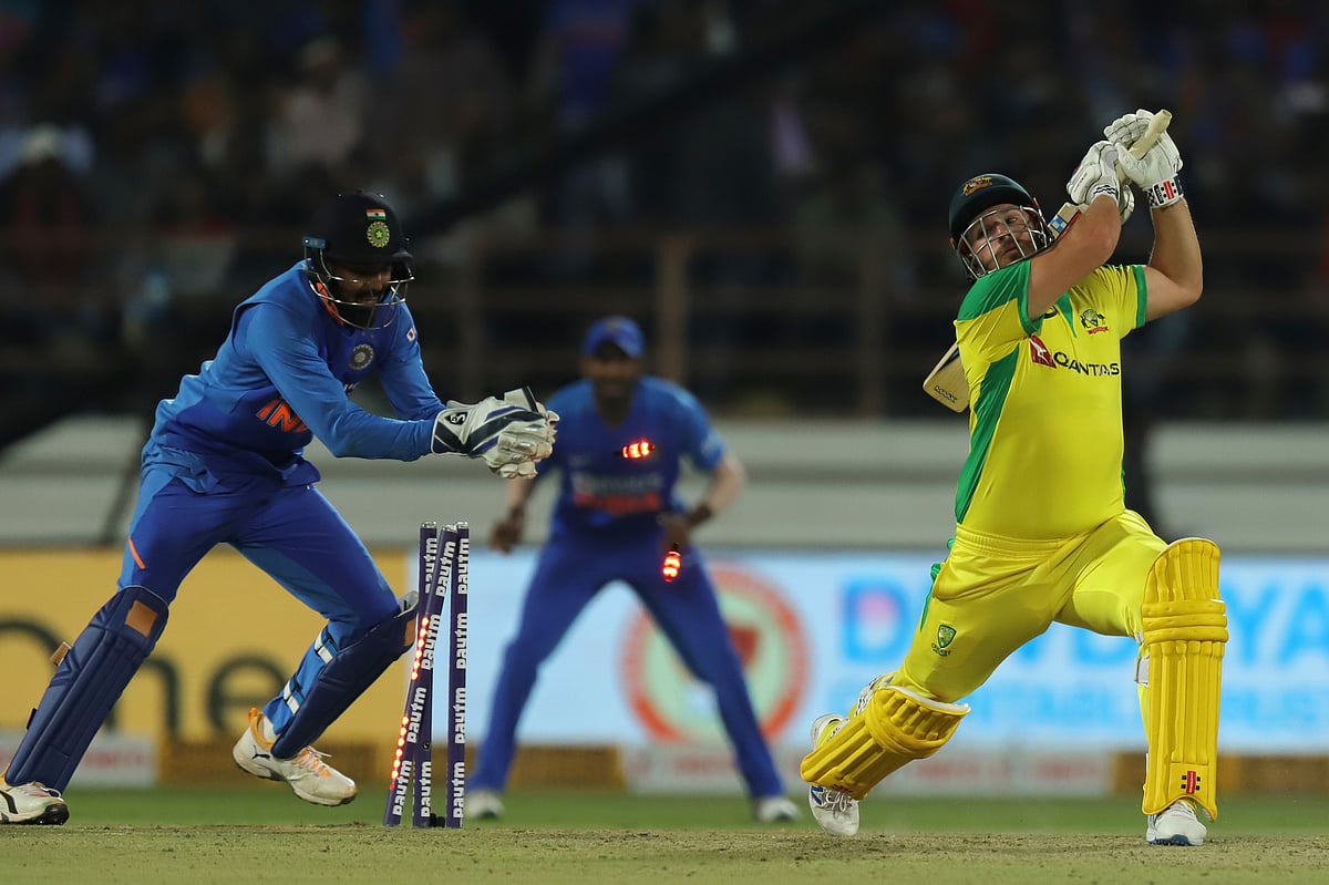 Aaron Finch (c) is stumped by KL Rahul during the 2nd One Day International match between India and Australia held at the Saurashtra Cricket Association Stadium, Rajkot on  17 Jan 2020.