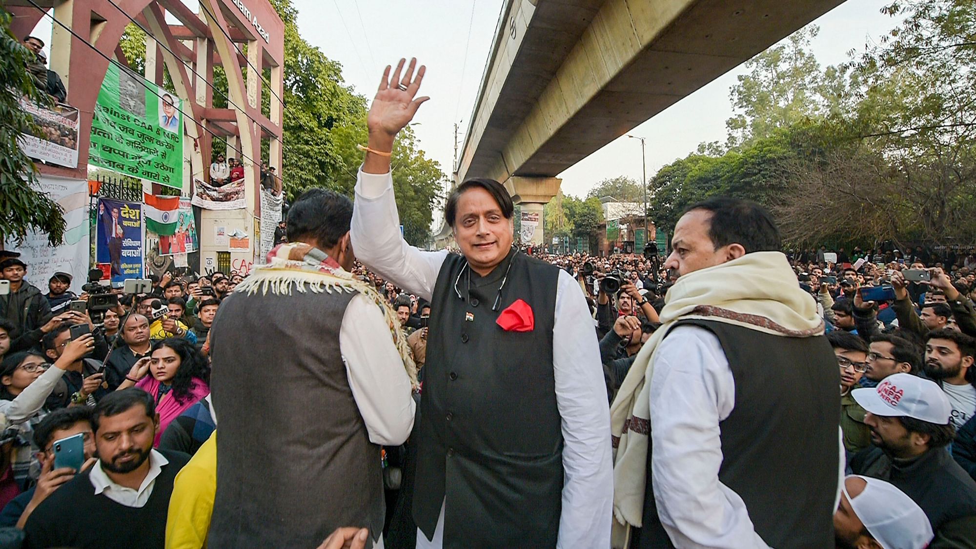Congress MP Shashi Tharoor during a demonstration against Citizenship (Amendment) Act, outside Jamia Milia Islamia University in New Delhi.