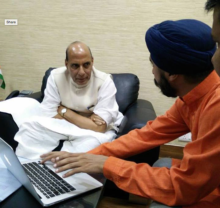 Bagga with Union Home Minister Rajnath Singh. (Photo Courtesy: Facebook/<a href="https://www.facebook.com/pg/TajinderPalSinghBagga/photos/">Tajinder Pal Singh Bagga</a>)