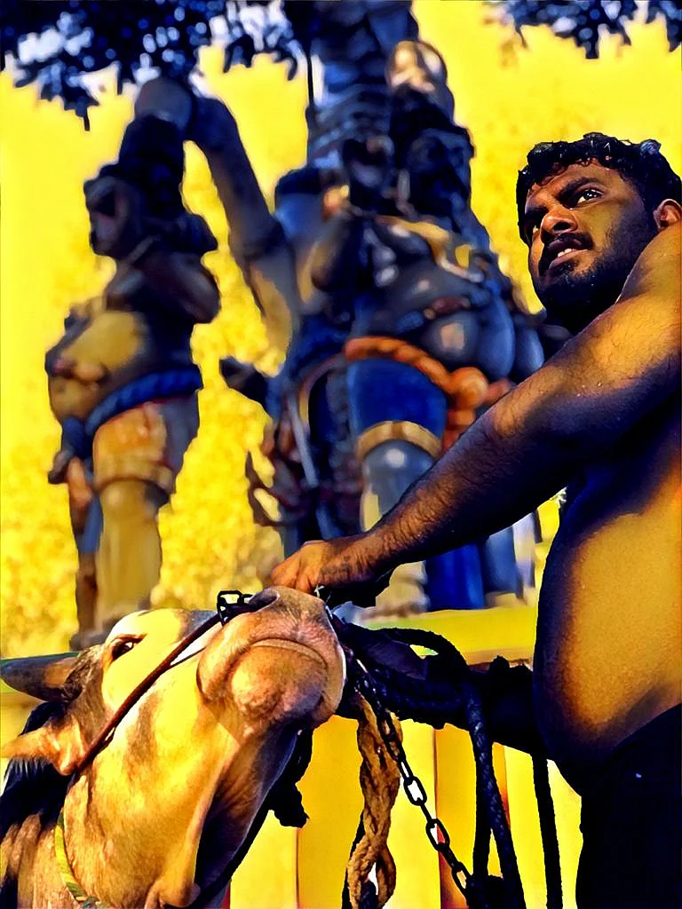 Sakthi and his bull flanked by the village deity.
