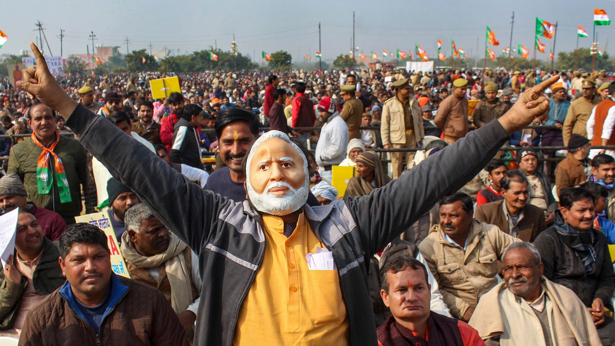  Supporters attend a pro-CAA rally by Union Defence Minister Rajnath Singh (unseen), in Meerut, Wednesday,22 January&nbsp;