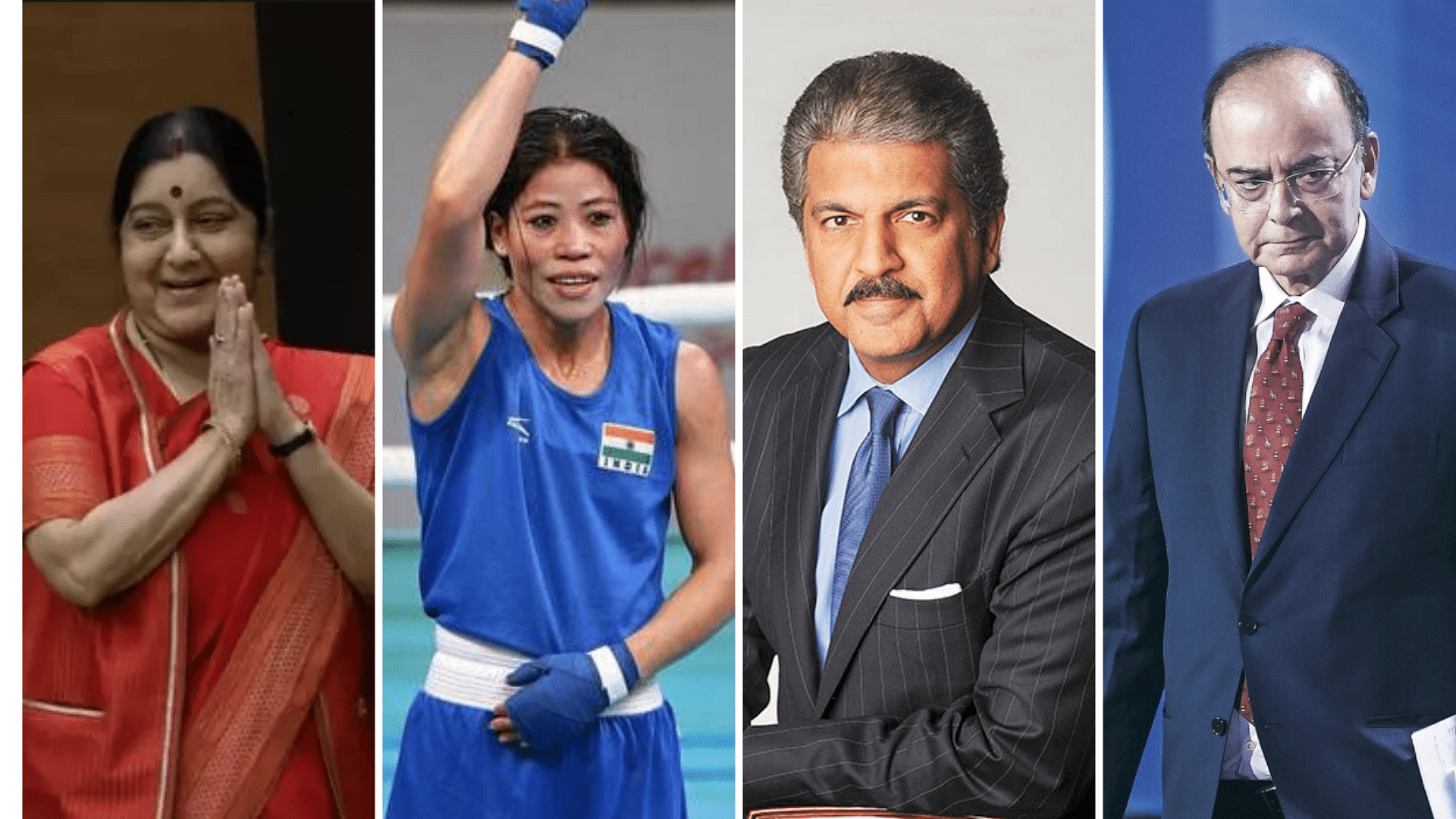 From left to right: Former External Affairs Minister Sushma Swaraj, World Champion boxer Mary Kom, billionaire businessman Anand Mahindra and former Finance Minister Arun Jaitley were among the winners of the Padma awards this year.