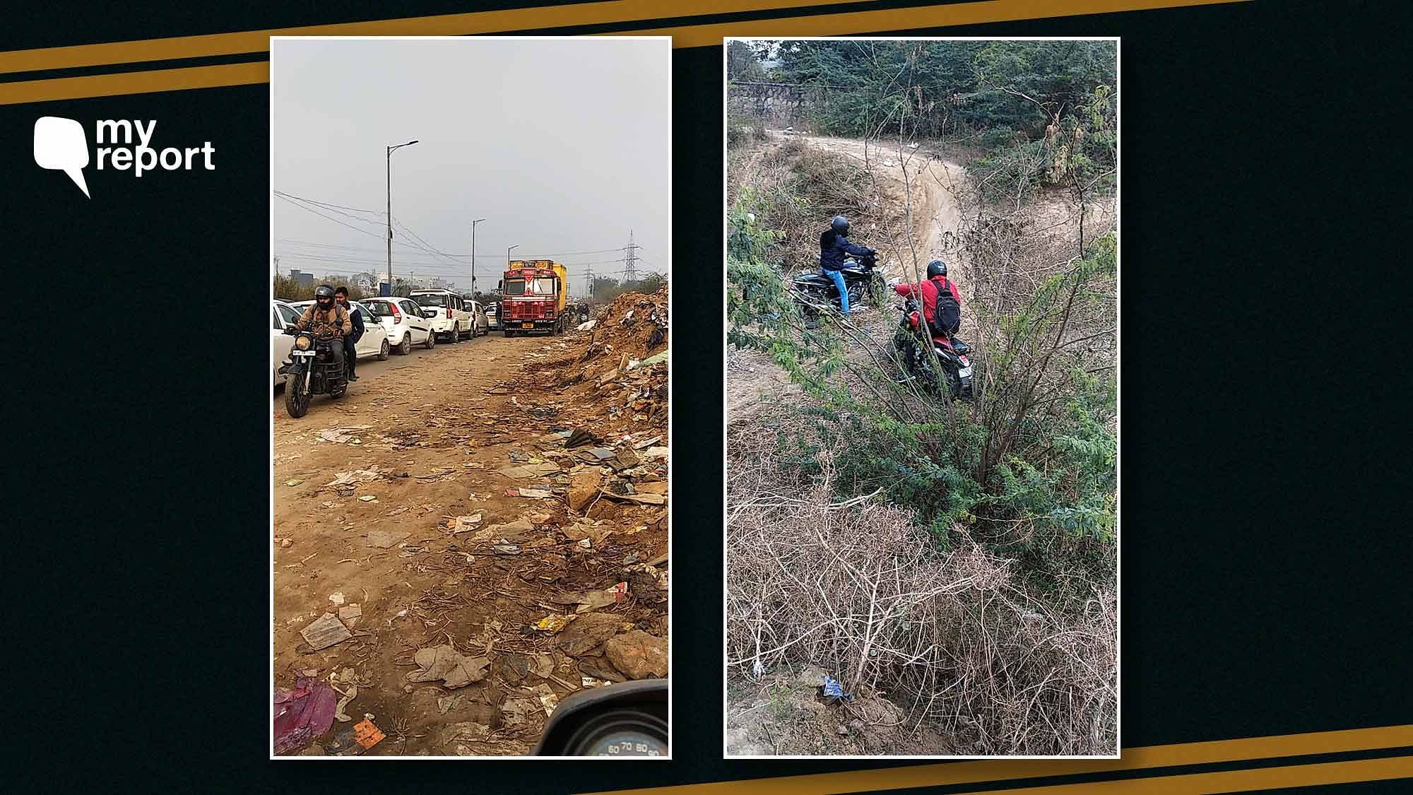 Owing to traffic in the Kalindi Kunj area, bikers are left with no choice but to go off-road.
