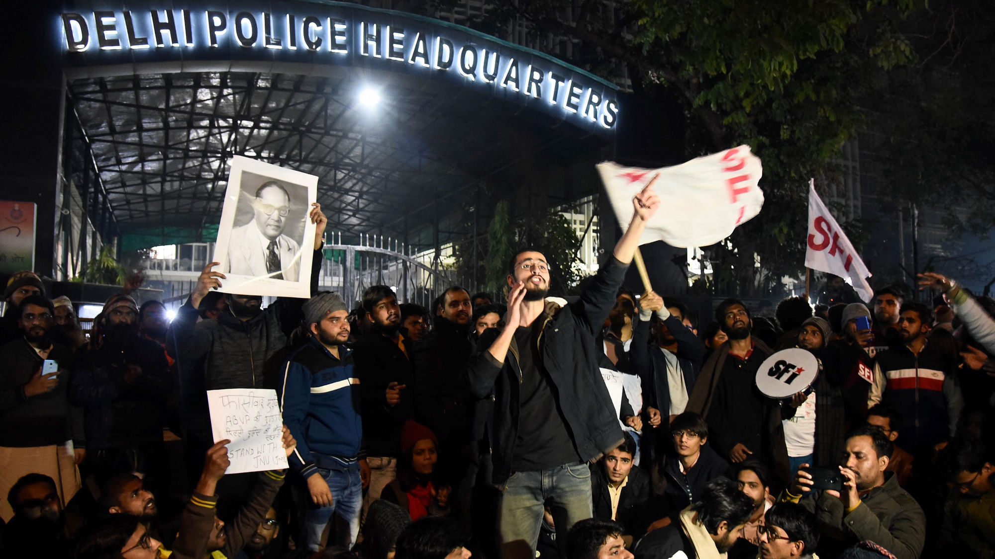 Protests at the Delhi police headquarters after the violence in JNU on 5 January.