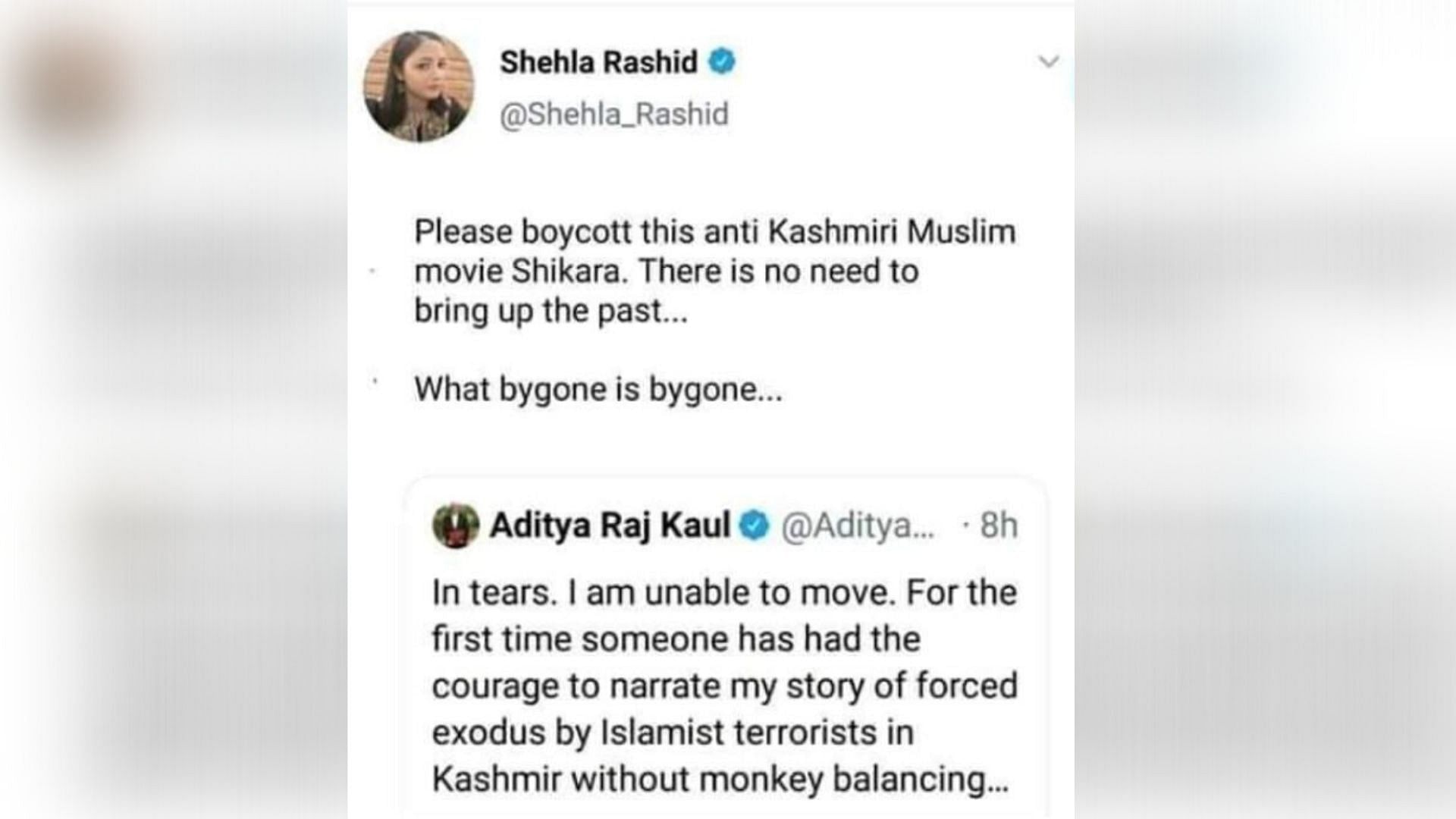 A morphed photo is being used to claim that former JNU student leader Shehla Rashid called for boycotting the film ‘Shikara’.