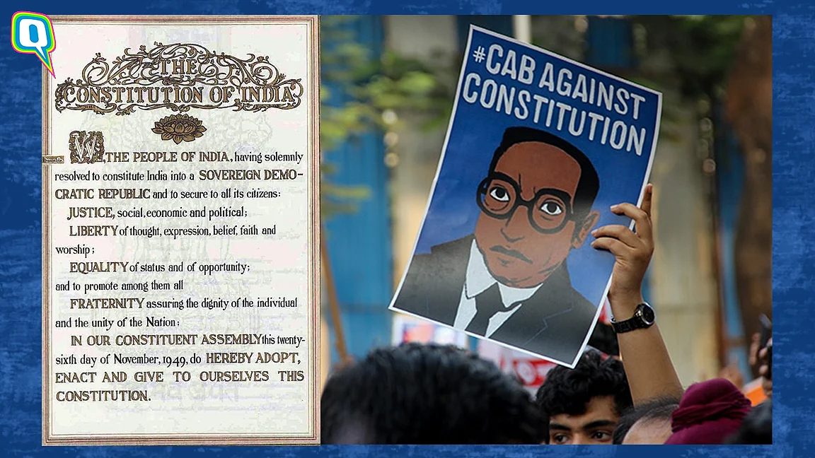 The Preamble of the Indian Constitution and an anti-CAA protester. 