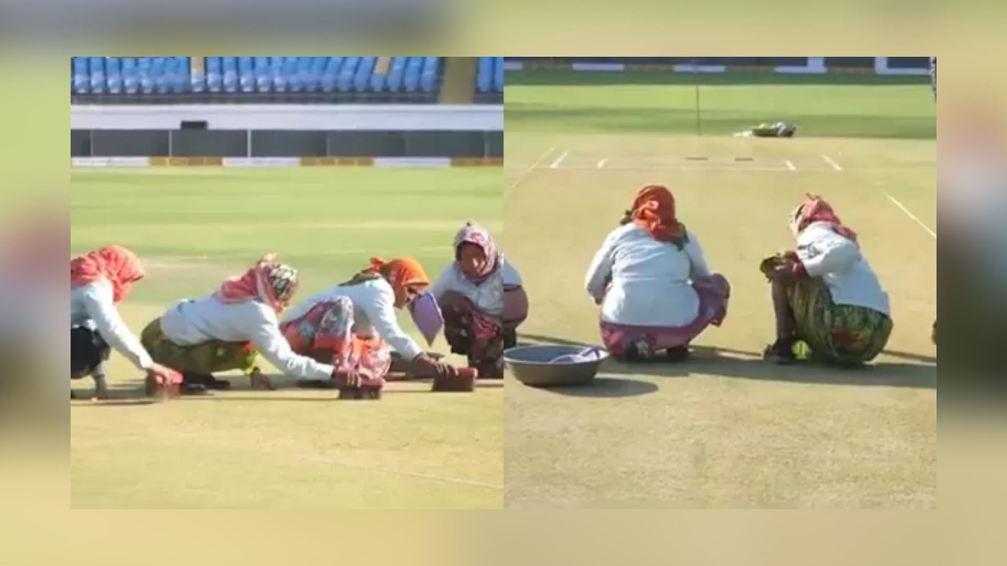  In the video clip the ladies are seen cleaning the pitch with brushes while kneeling down on the wickets.