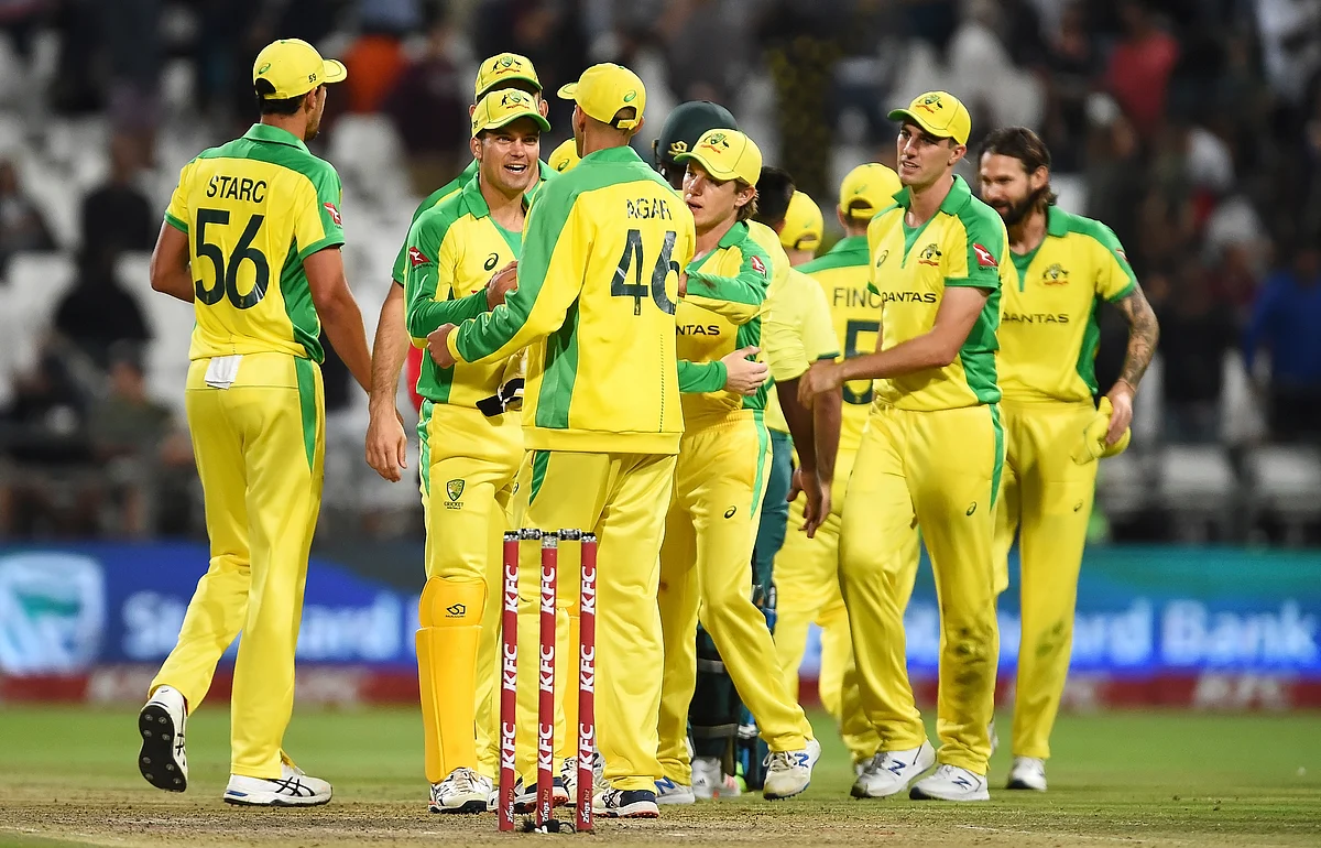 Australia celebrate winning the T20 series against South Africa at Newlands Cricket stadium in Cape Town, South Africa, Wednesday, Feb. 26, 2020. 