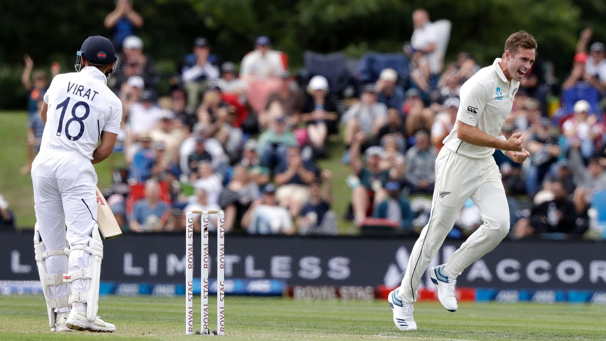 New Zealand’s Tim Southee, right, celebrates after dismissing India’s Virat Kohli, left, during play on day one of the second cricket test between New Zealand and India at Hagley Oval in Christchurch, New Zealand.