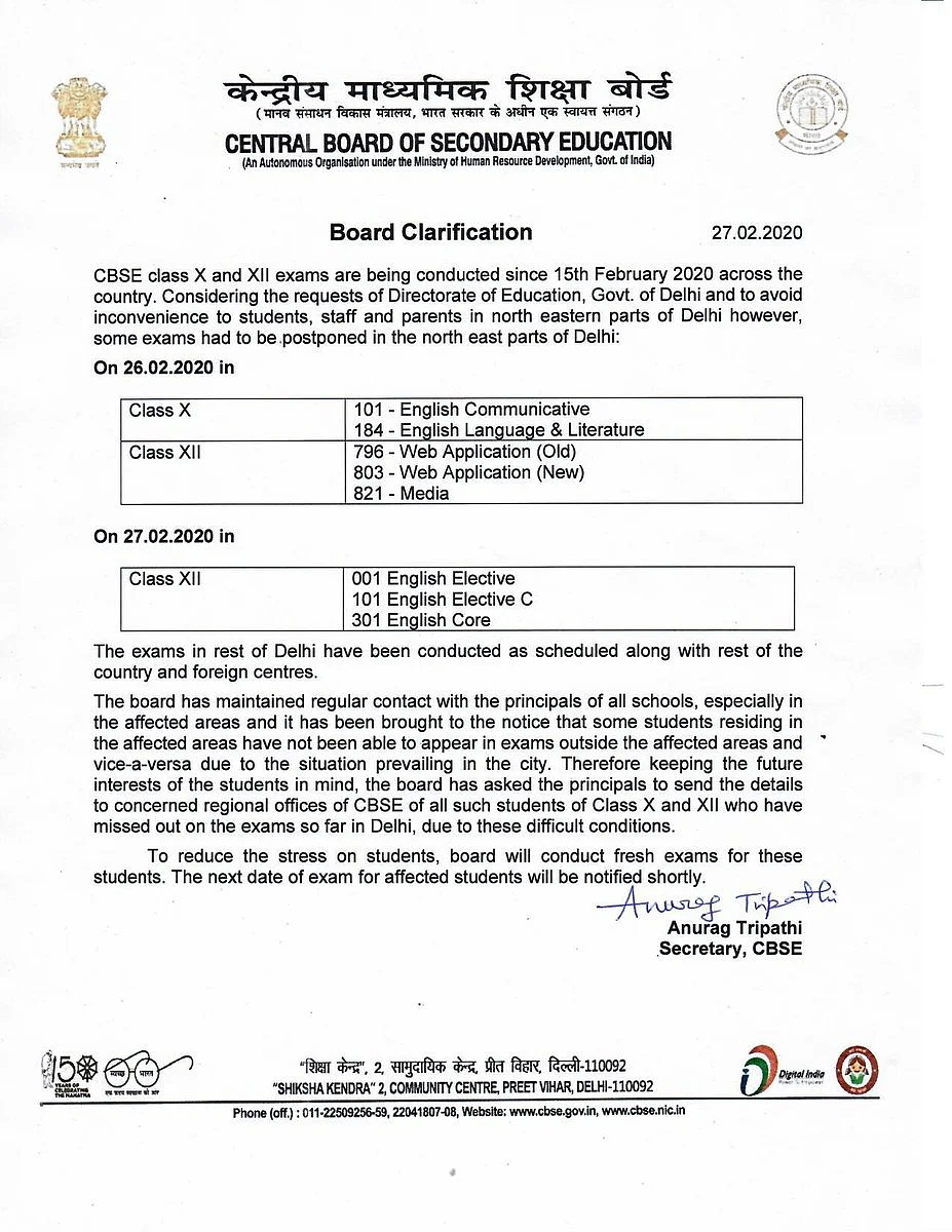 CBSE Postpones Exams Scheduled for 28, 29 February in NE Delhi