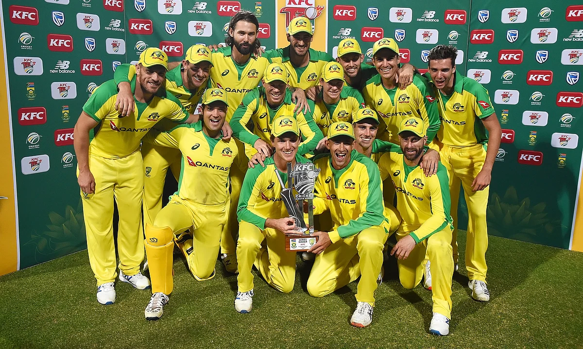 Australia celebrate winning the T20 series against South Africa at Newlands Cricket stadium in Cape Town, South Africa, Wednesday, Feb. 26, 2020. 