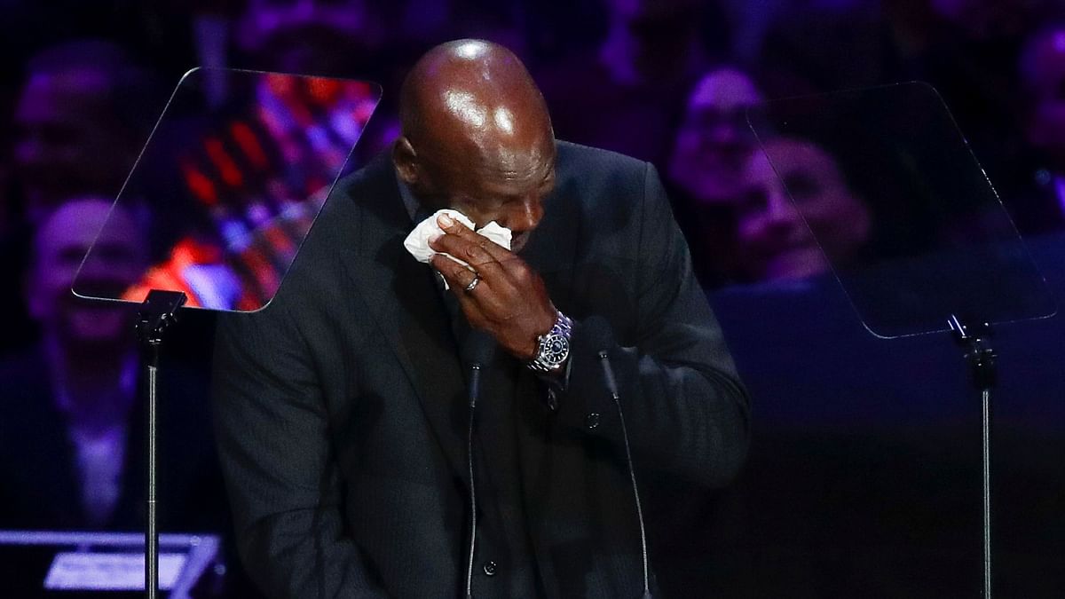 Jordan teared up several times during his speech at the public memorial service for Kobe & Gianna Bryant.