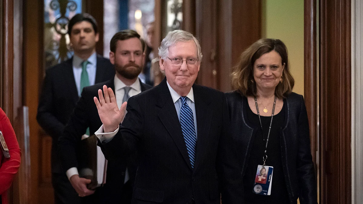 Senate Majority Leader Mitch McConnell leaves the chamber after leading the impeachment acquittal of President Donald Trump on Wednesday, 5 Feb 2020.
