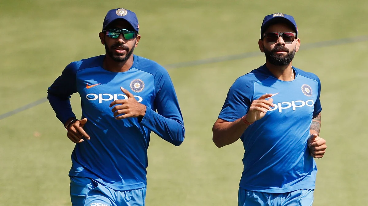 Jasprit Bumrah at a Team India training session with Virat Kohli.