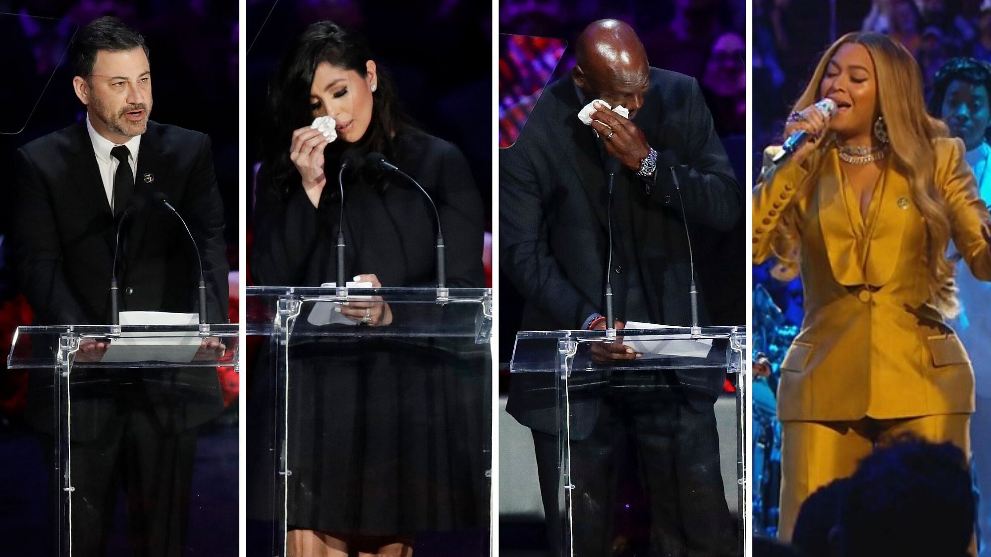Jimmy Kimmel, Vanessa Bryant, Michael Jordan and Beyonce paid a tearful tribute to Kobe and Gianna Bryant on Monday at the Staples Center.