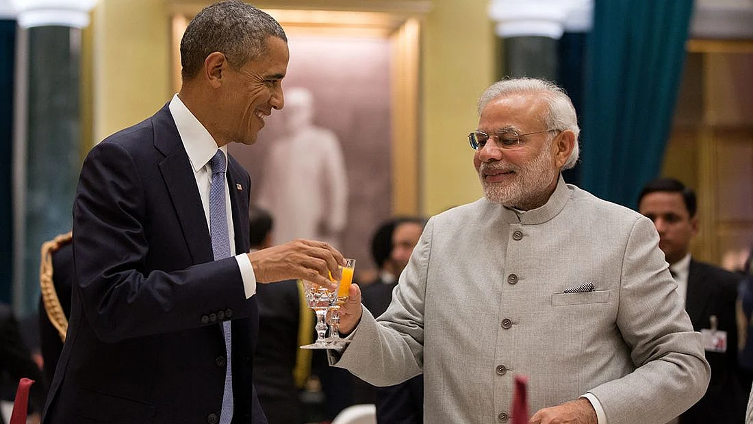 Former US President Barack Obama with Prime Minister Modi during a state dinner hosted by former President Pranab Mukherjee at Rashtrapati Bhawan in 2015.