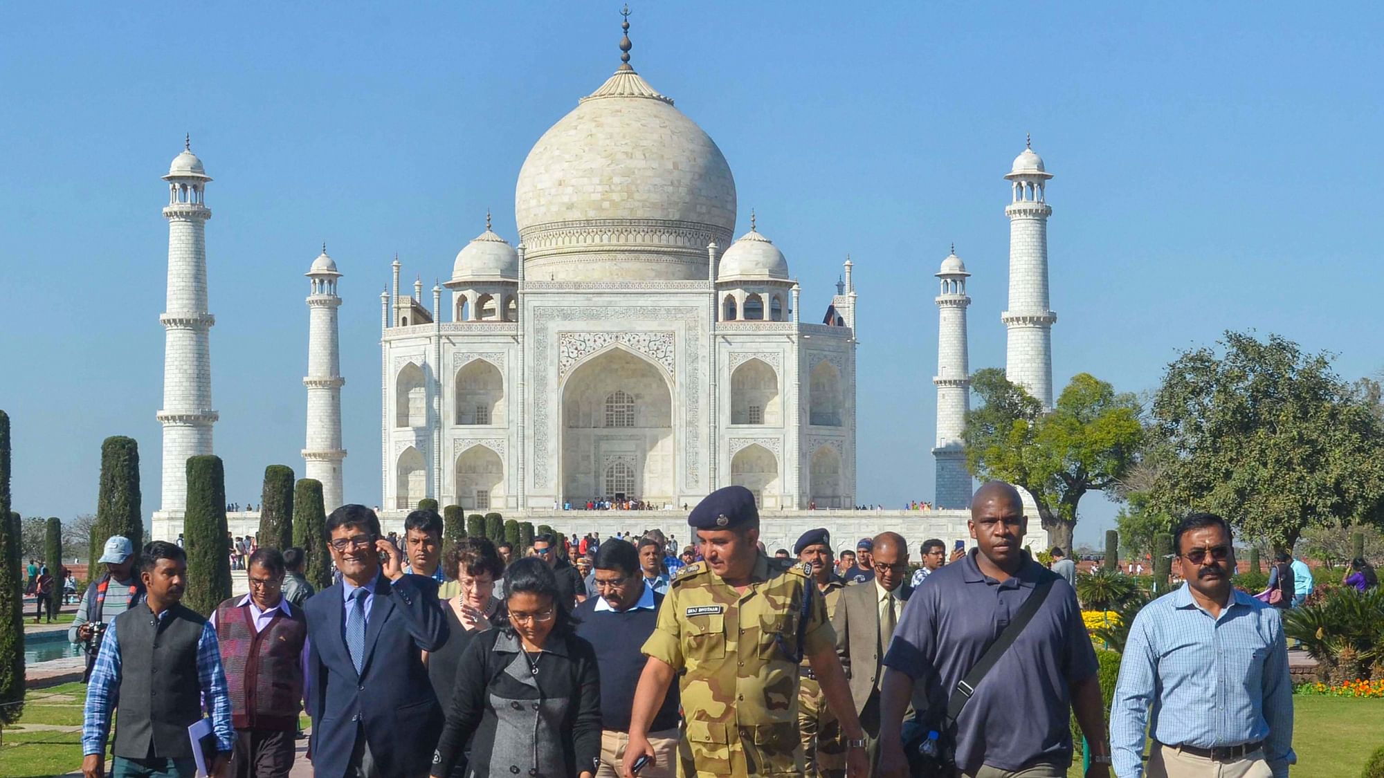 Security personnel from the US, along with CISF and ASI personnel, visit the historic Taj Mahal for inspection ahead of US President Donald Trump’s visit in Agra.