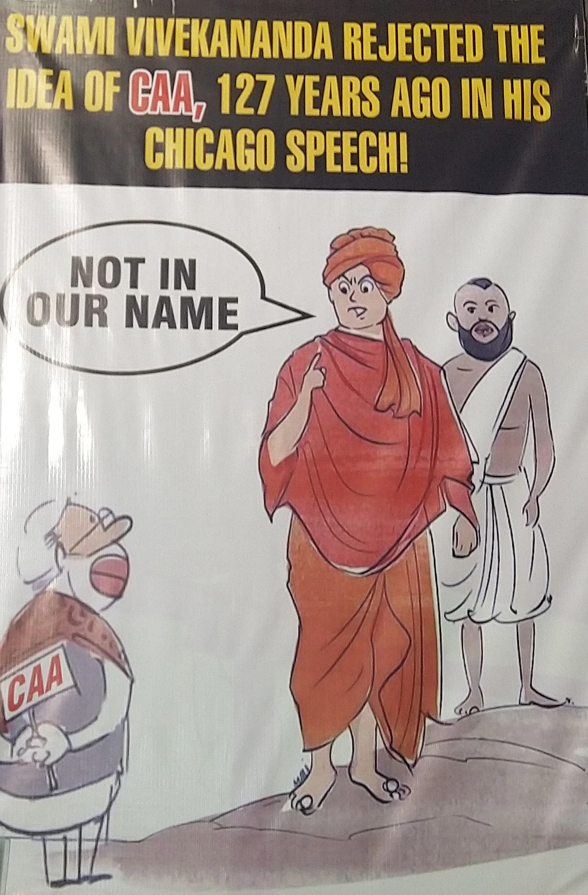 A poster at the anti-CAA protest in Park Circus Kolkata shows Swami Vivekananda and Ramakrishna Paramhans opposing Modi on CAA.