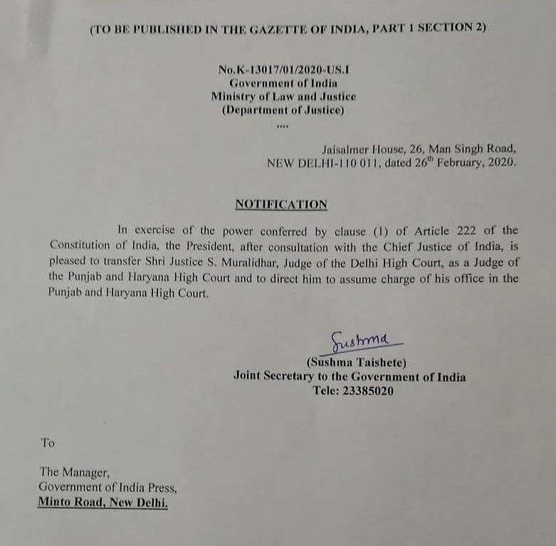 Law Ministry Notifies Justice Muralidhar’s Transfer From Delhi HC
