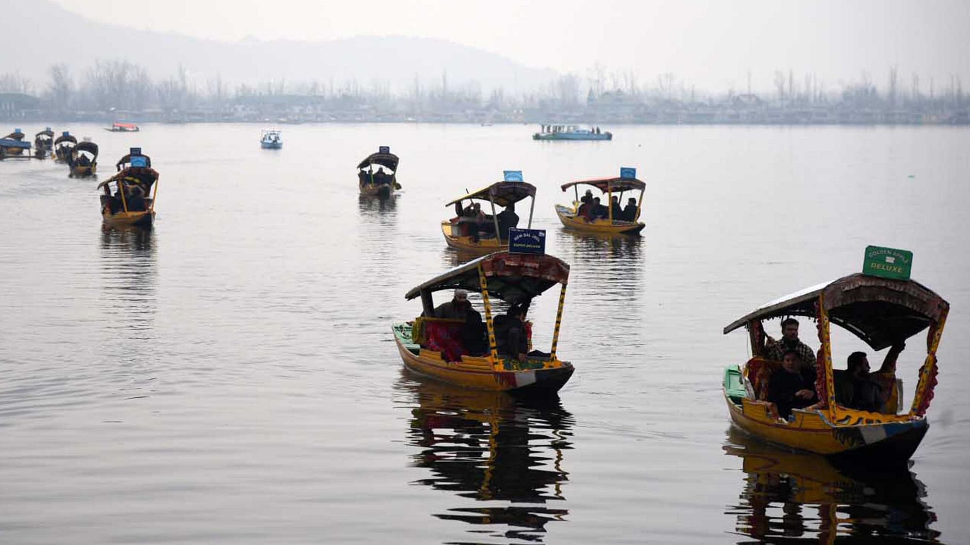 Members of a foreign delegation enjoy shikara ride in Kashmiri traditional boats, on Dal Lake in Srinagar, Kashmir, 12 February 2020.