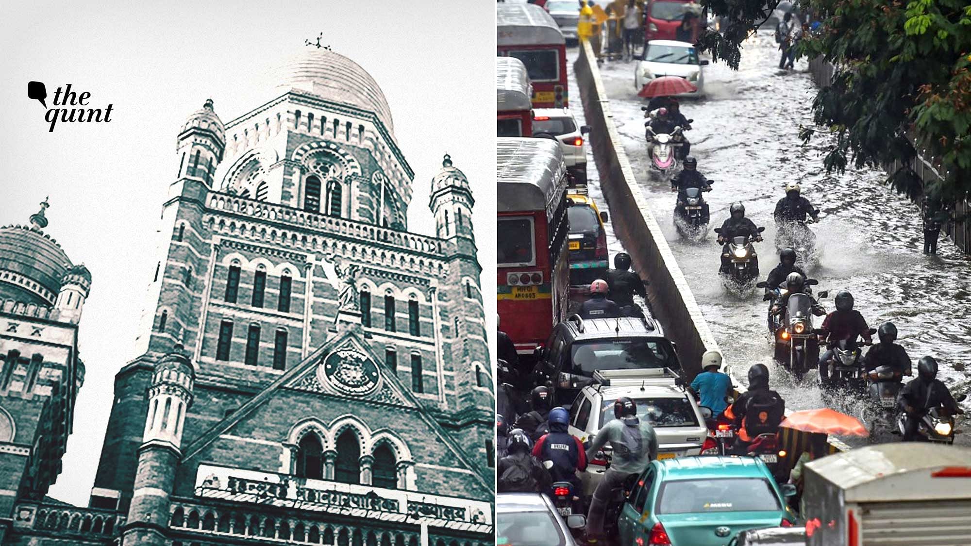 The BMC office in South Mumbai (Left); File photo of a waterlogged in Mumbai.