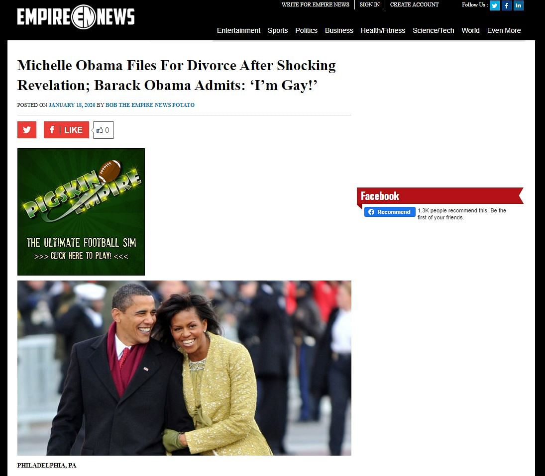 A news article about  Barack Obama and Michelle Obama announcing divorce is being shared on social media.
