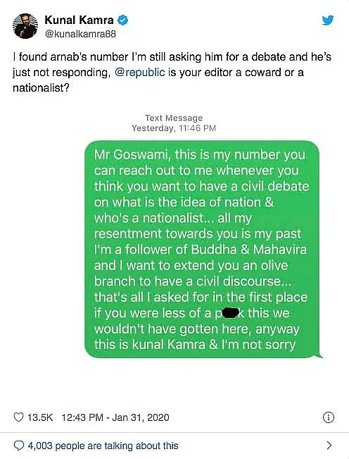 A screenshot posted by comedian Kunal Kamra of a text message inviting Arnab Goswami him to “have a civil discourse.”
