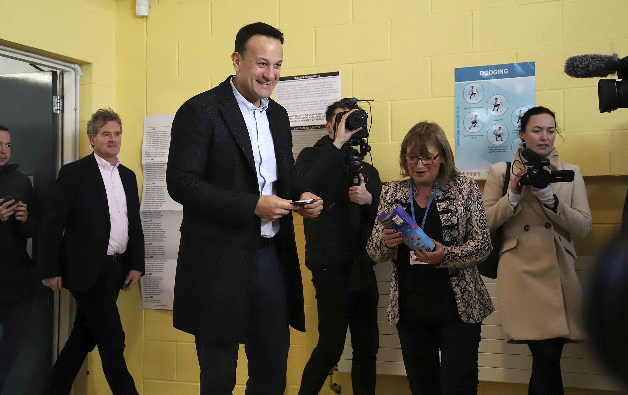 Fine Gael leader Leo Varadkar votes in the Irish General Election at Scoil Thomais in Castleknock, Dublin, Saturday on 8 February, 2020.&nbsp;