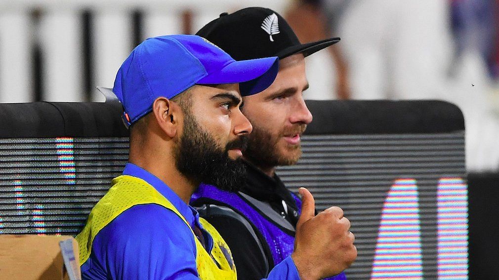 Indian skipper Virat Kohli in a conversation with New Zealand captain Kane Williamson during the 5th T20I.
