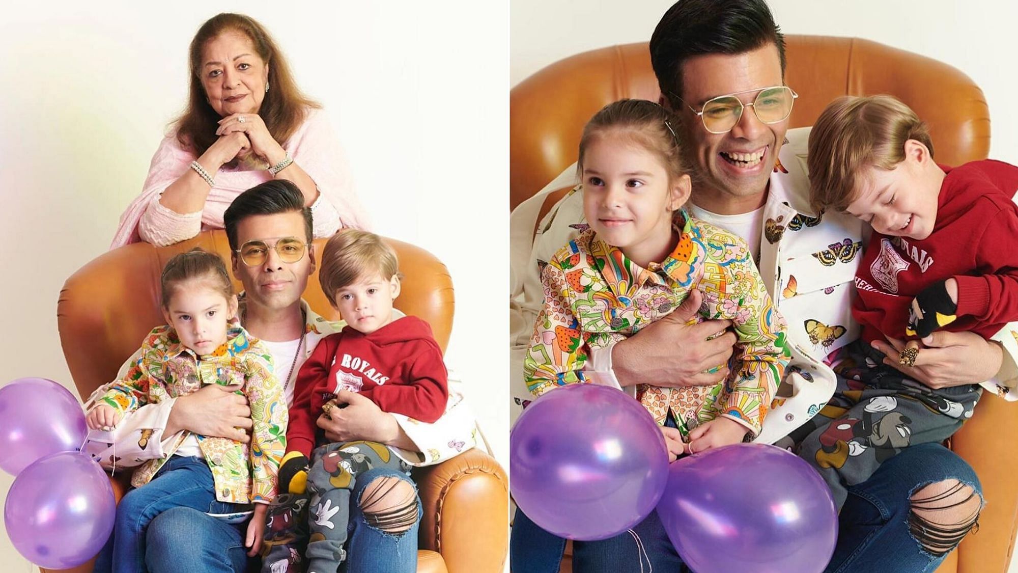 Karan Johar with his mom Hiroo and twins Roohi and Yash on their third birthday.&nbsp;