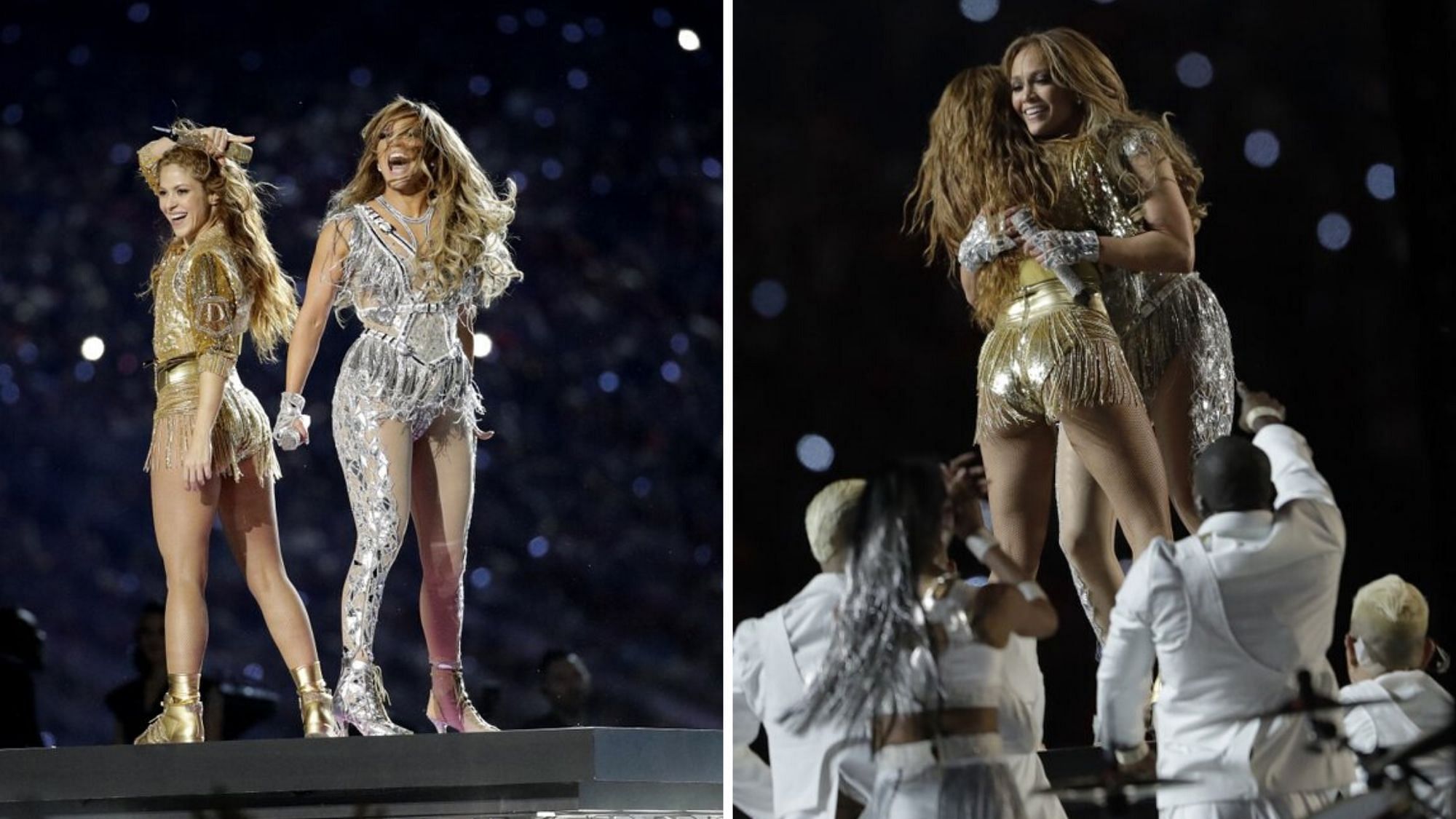 Shakira and Jennifer Lopez during their performance at the Super Bowl Half Time Show in Miami. 