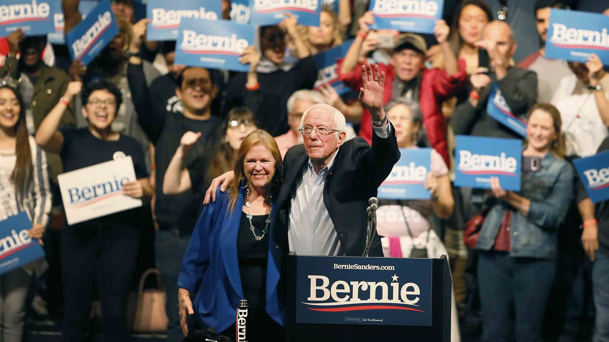 Democratic presidential candidate Sen. Bernie Sanders with his wife, Jane O’Meara Sanders, waves his hand during a rally in Texas on Saturday, 22 February 2020.&nbsp;