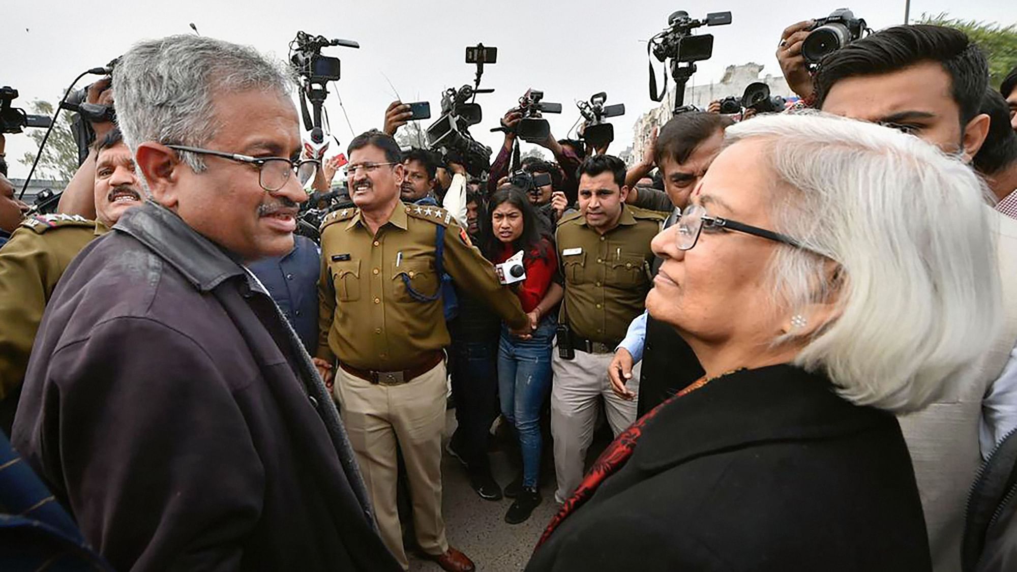 Sanjay Hegde and Sadhana Ramachandran, mediators appointed by Supreme Court, at Shaheen Bagh in New Delhi, Wednesday, 19 February.
