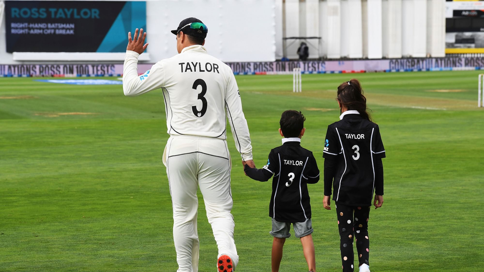 New Zealand’s Ross Taylor with two of his children Jonty (left) and McKenzie before his 100th test prior to the first cricket test between India and New Zealand.