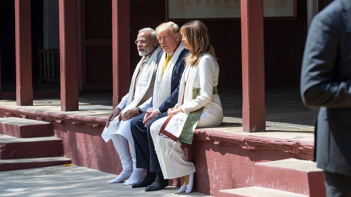 President Trump tried a hand at a charkha at Sabarmati Ashram in Ahmedabad. 