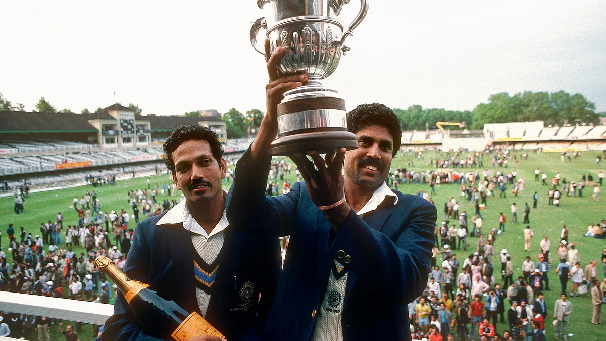 Kapil Dev holds aloft the winner’s trophy at the 1983 ICC World Cup.