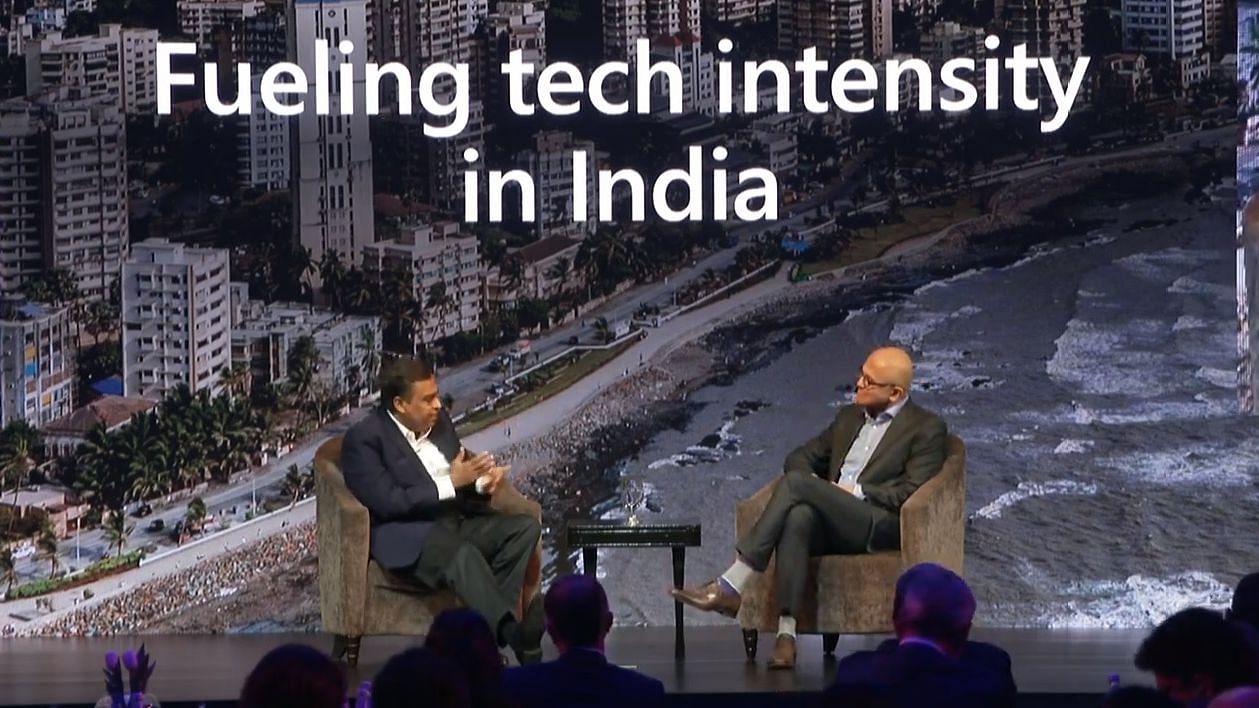 Microsoft CEO Satya Nadella in conversation with Reliance CMD Mukesh Ambani in Mumbai.&nbsp;