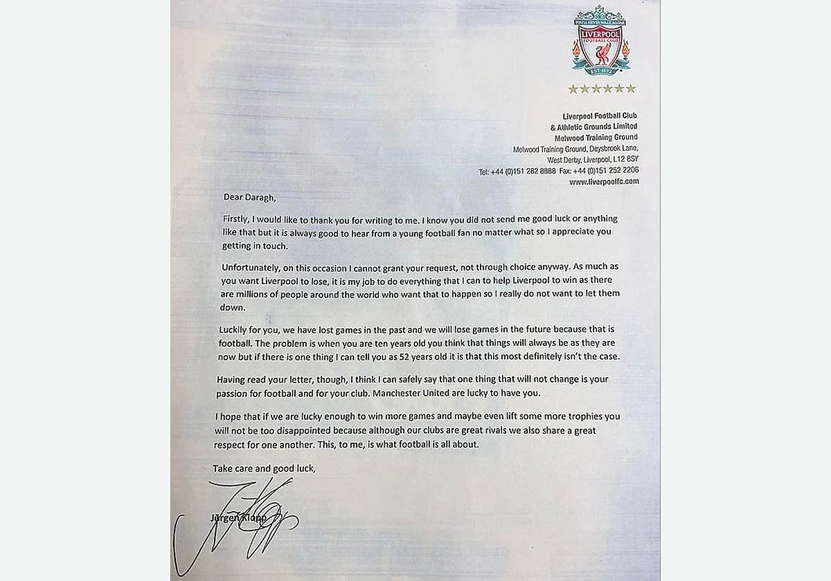 The letter written by Juergen Klopp in response to Daragh’s request.