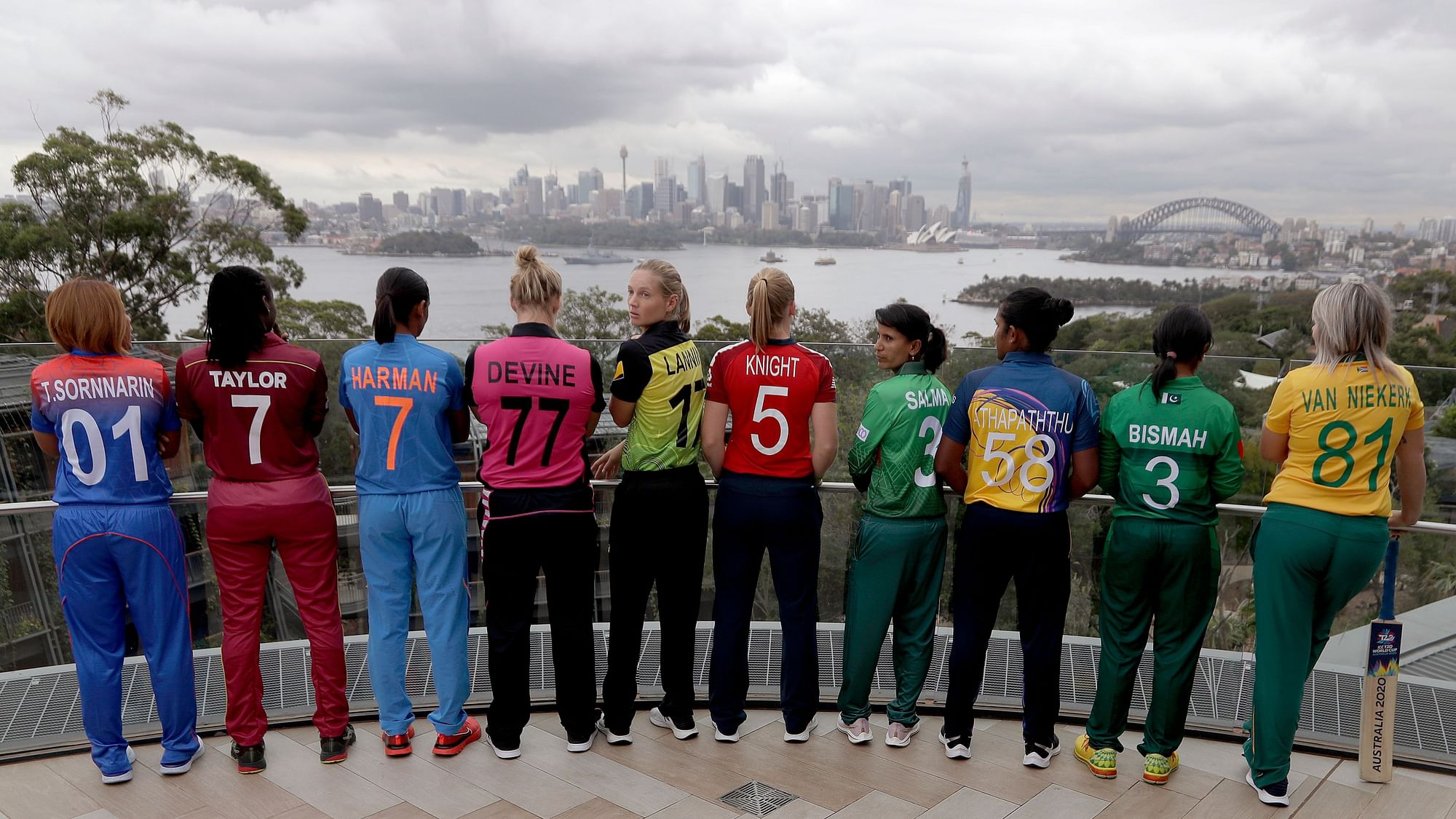 The captains of the 10 countries participating in the Women’s T20 World Cup pose fore a photo looking at the Sydney skyline, Monday, Feb. 17, 2020.&nbsp;