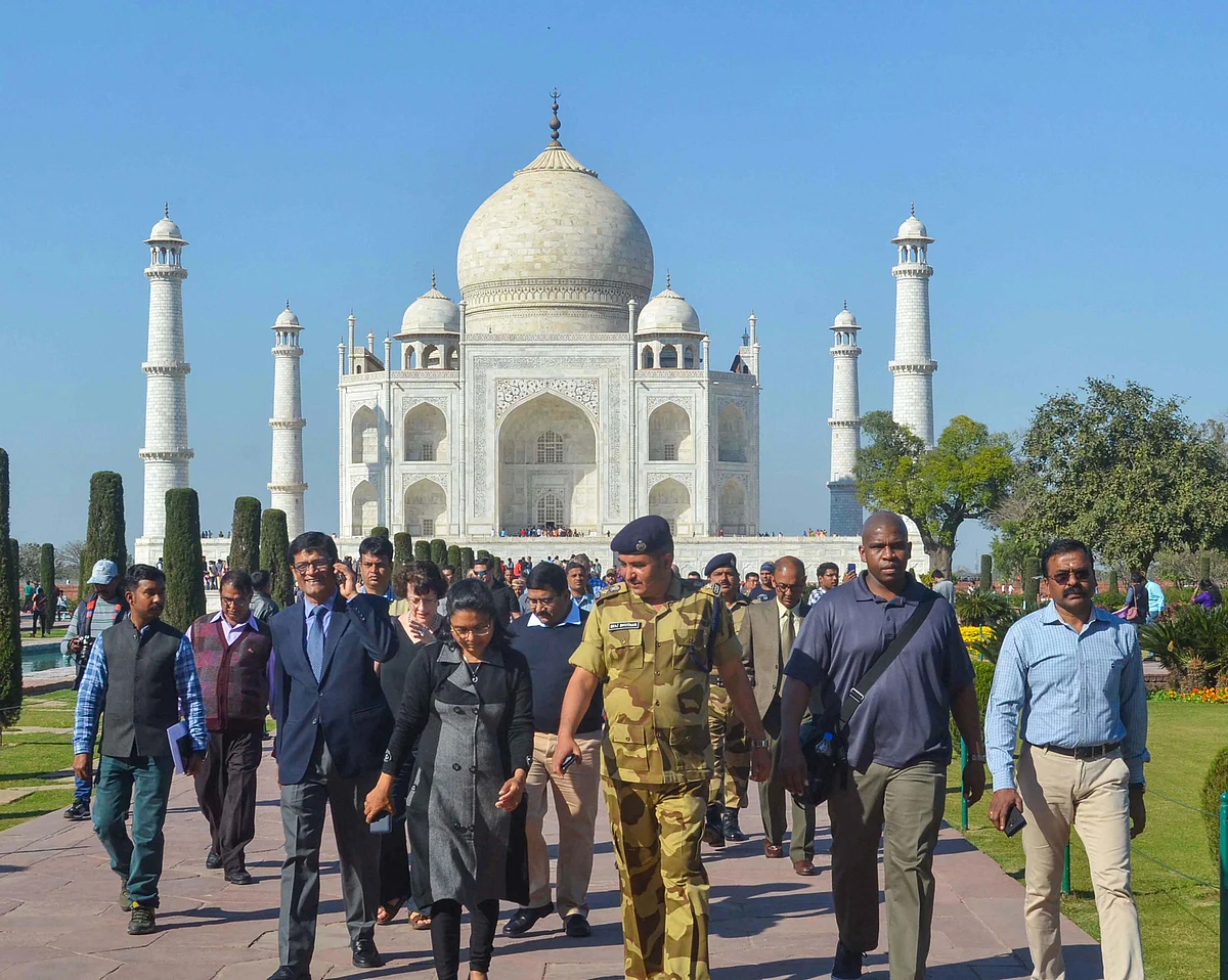 Security personnel from the US along with CISF and ASI personnel visit the historic Taj Mahal for inspection ahead of US President Donald Trump’s visit in Agra