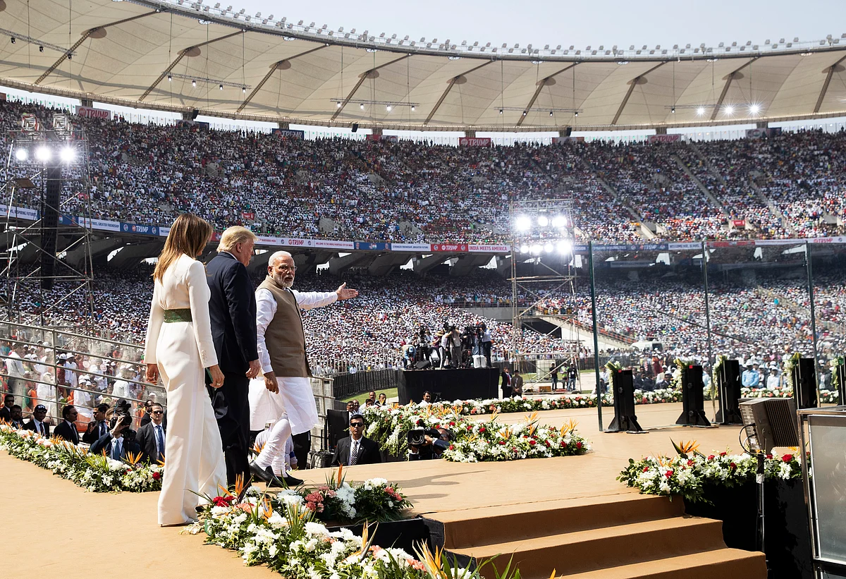 U.S. President Donald Trump, first lady Melania Trump, and Indian Prime Minister Narendra Modi arrive for a “Namaste Trump,” event at Sardar Patel Stadium, Monday, Feb. 24, 2020, in Ahmedabad, India.