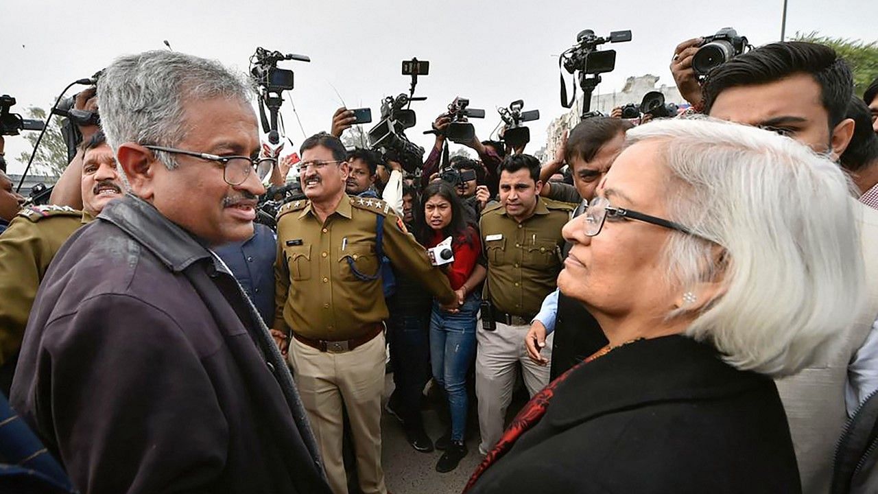 Sanjay Hegde and Sadhana Ramachandran, mediators appointed by Supreme Court, at Shaheen Bagh in New Delhi, Wednesday, 19 February.
